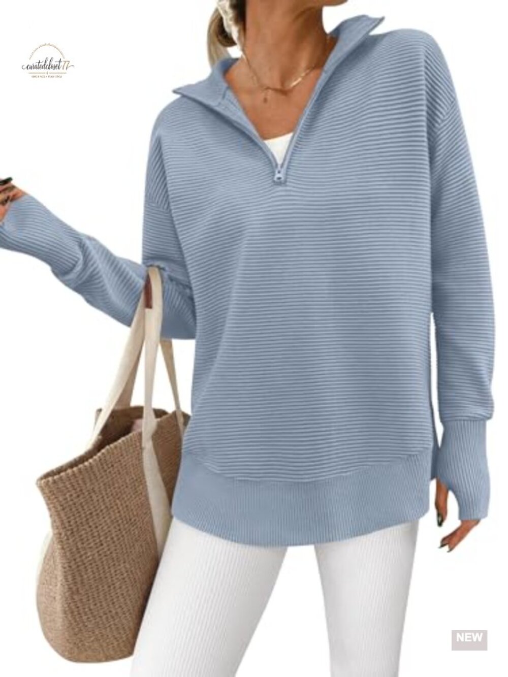 Womens Ribbed Knit Quarter Zip Pullover Sweater Long Sleeve Thumbhole V-Neck